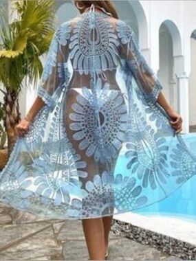 Rebellion Light Blue Crochet Tunic White Trim Coverup Cadigan Mesh Swim Tropical